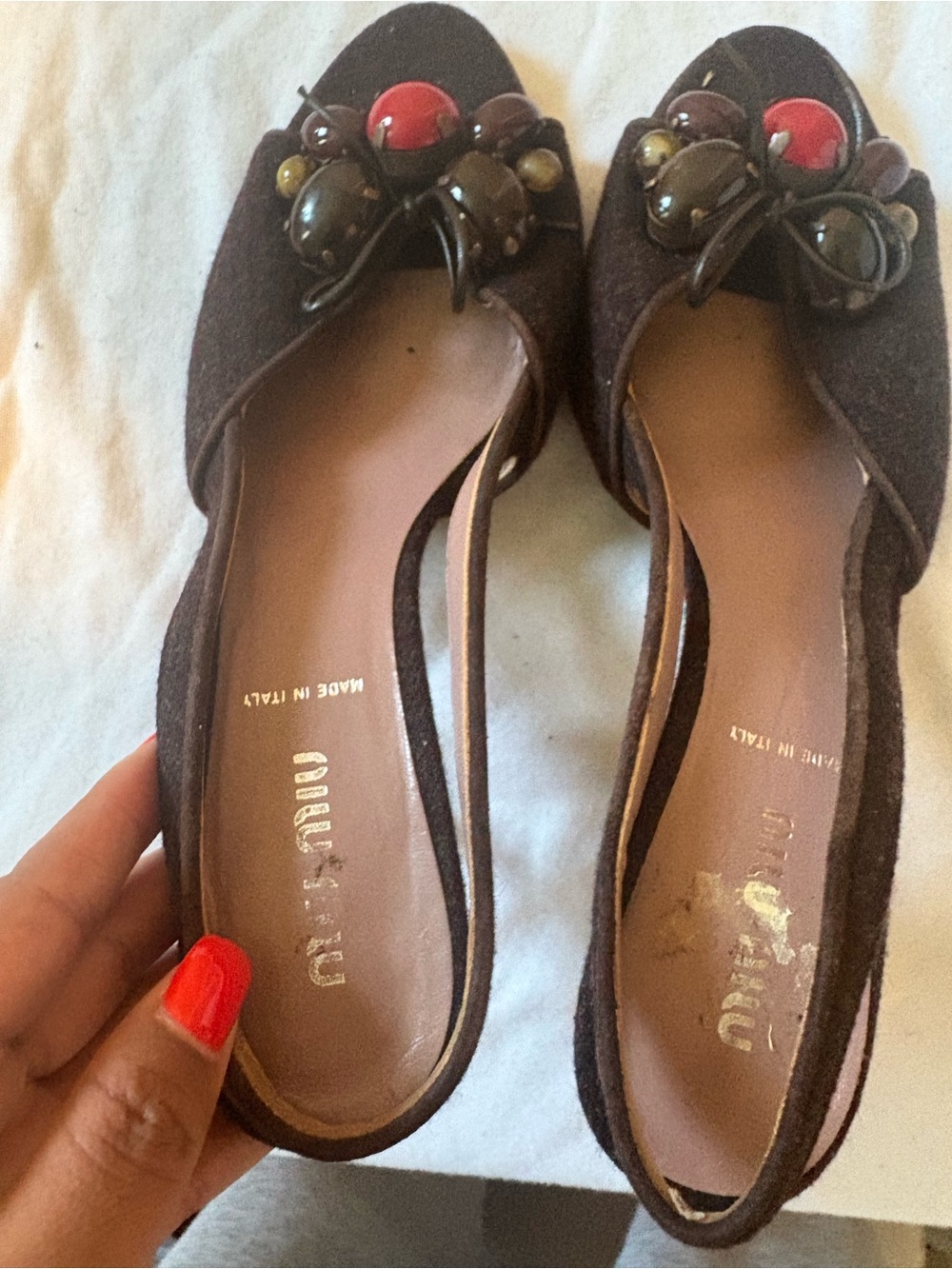 Miu Miu Brown Embellished Slingback Flats Beaded Red Accent